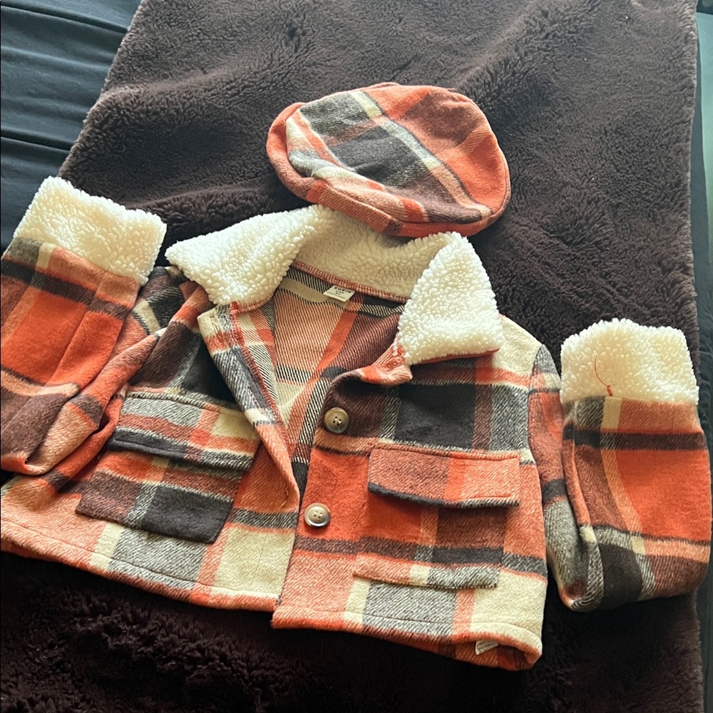 SHEIN Kids Checkered Pea Coat with Hat - Orange, Brown, Cream